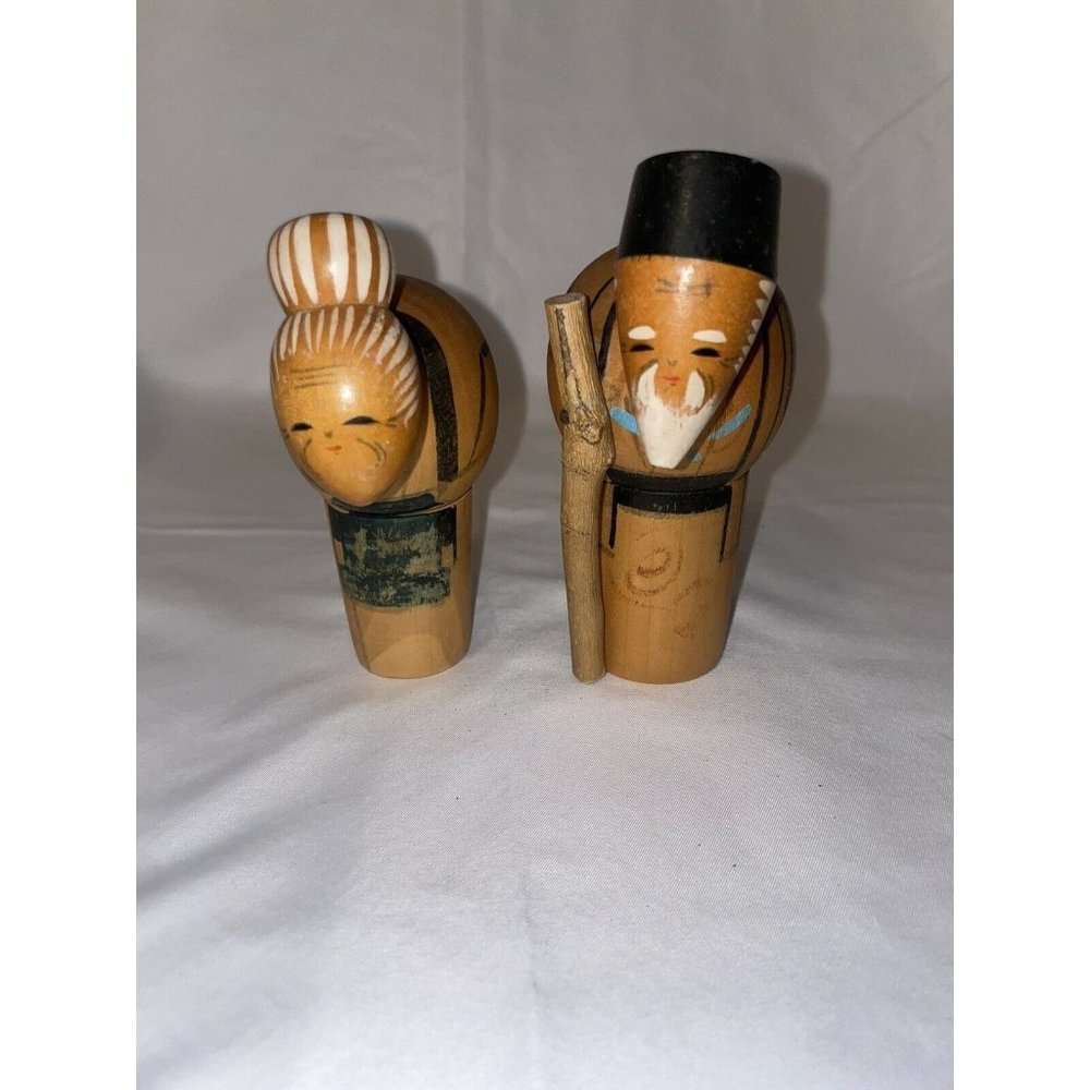 Vintage Old Man & Old Woman Wooden Japanese Kakashi Dolls Set of 2